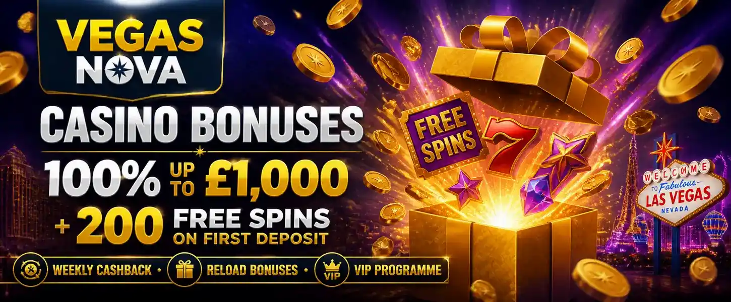 Vegas Nova Casino bonuses — 100% up to £1,000 and 200 Free Spins on first deposit