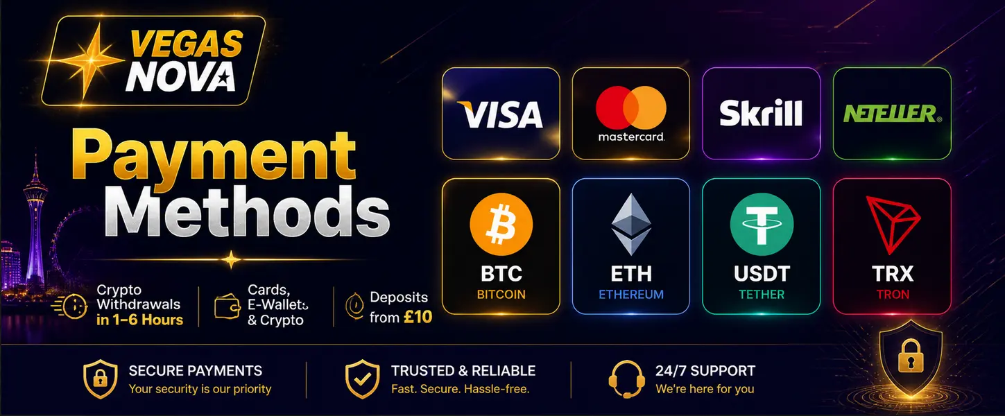 Vegas Nova Casino payment methods — Visa, Mastercard, crypto, Skrill and Neteller